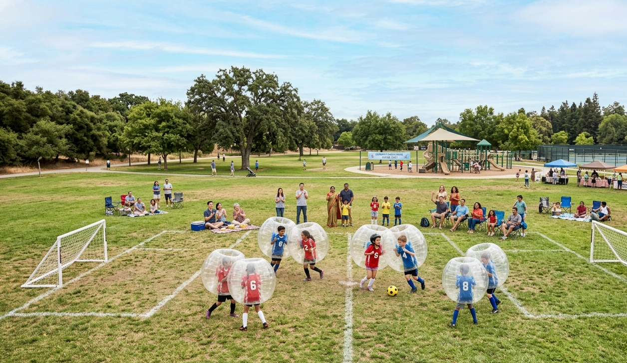 Kids in bubble suits playing bubble soccer at a park while families watch
